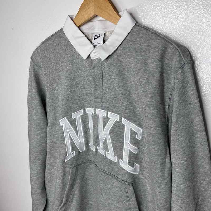 FN3112-063 Nike Club Men's Fleece Long Sleeve Rugby Polo Shirt Gray White Size M gallery