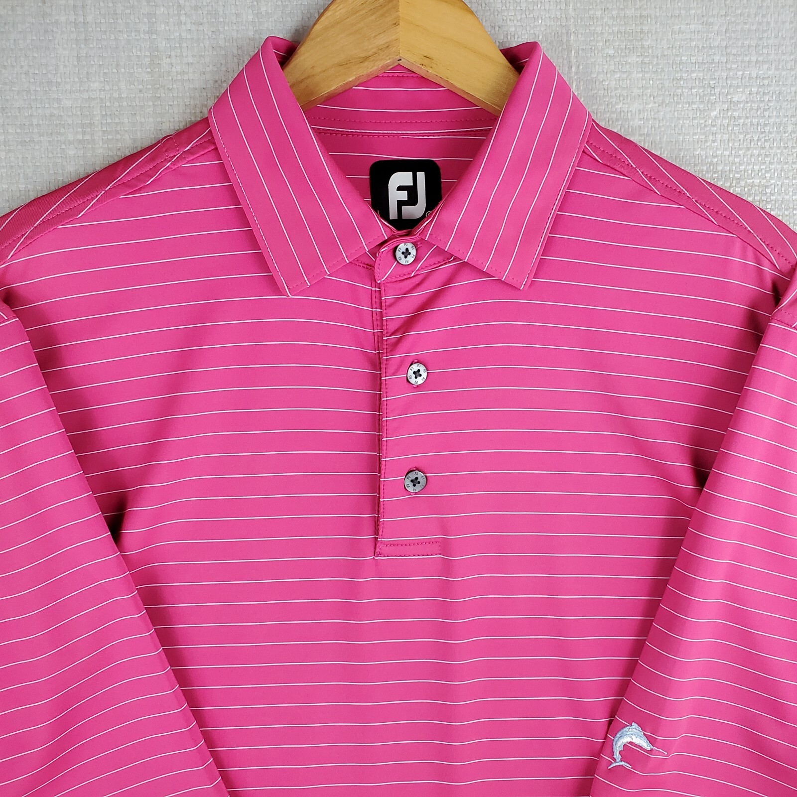FOOTJOY Size Large Mens Pink/White Marlin Polo Shirt Performance Stretchy Golf gallery