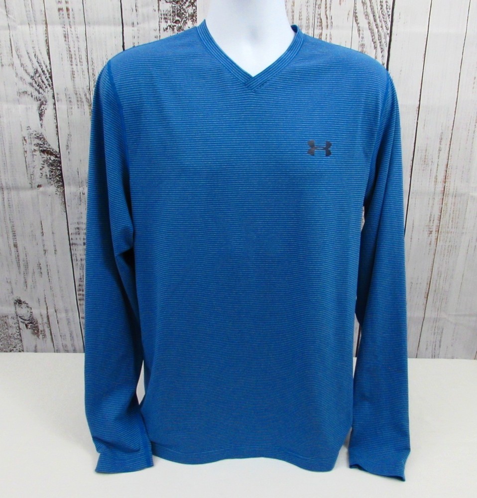Under Armour Shirt Mens Large Blue Stripe V-neck Fitted Cold Gear Long Sleeve
