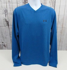 Under Armour Shirt Mens Large Blue Stripe V-neck Fitted Cold Gear Long Sleeve