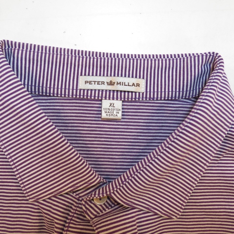 PETER MILLAR designer GOLF POLO SHIRT Mens L Striped Purple & White gallery
