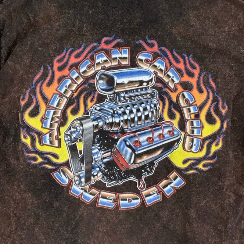 Vintage 90s 'American Car Club Sweden' Brown Acid Wash Graphic T-Shirt Small gallery