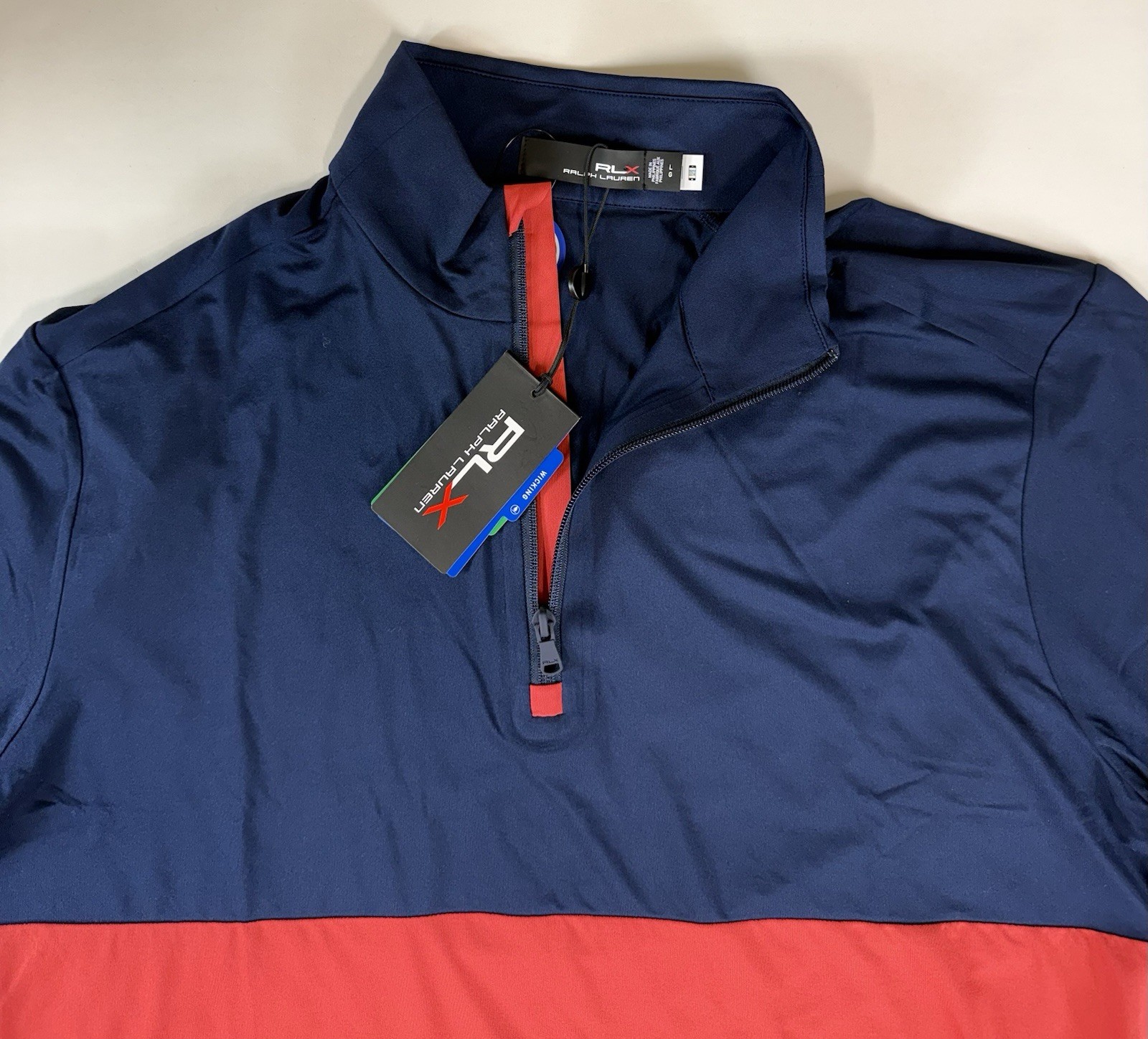NWT RLX Ralph Lauren Performance Wicking Pullover Men’s Size L Navy Red 1/4 Zip gallery