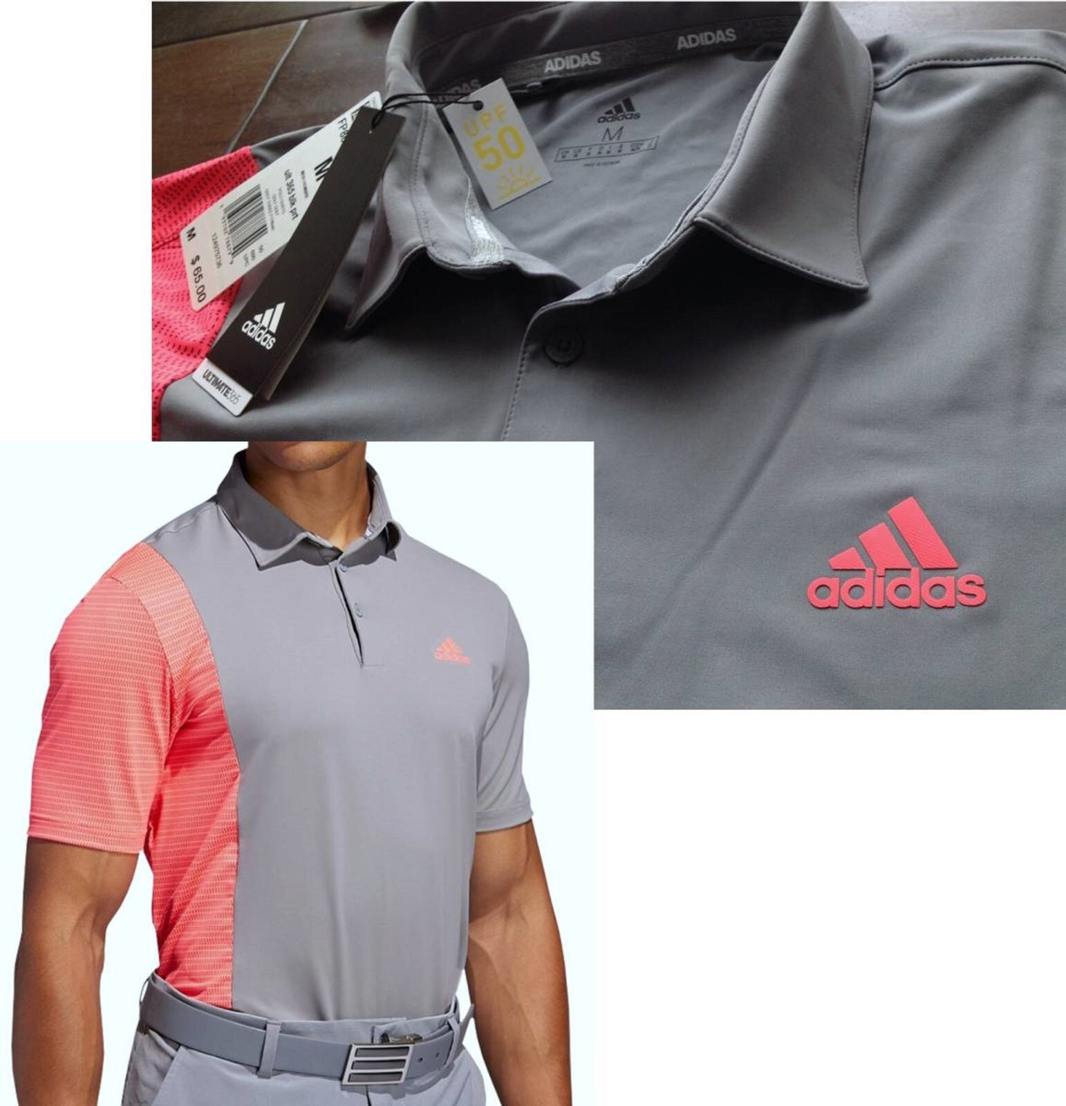 【New】Adidas Men's【Adidas Golf Ultimate 365 Block Print UPF50 Polo】Grey x Pink@M gallery