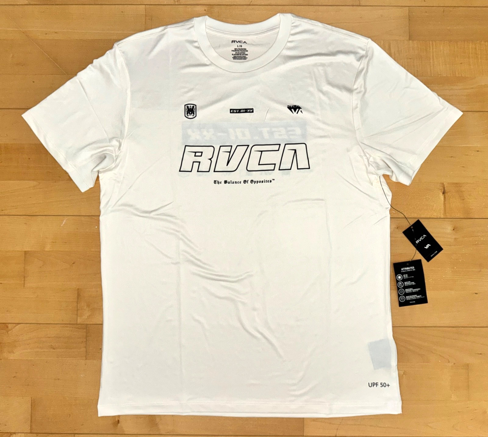 New Mens RVCA ANP Flint Crew Athletic Performance UPF +50 MMA Shirt Cream Sz L gallery