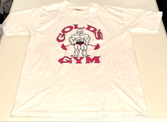 VINTAGE 1990 Gold’s Gym LARGE WHITE GRAPHIC Single Stitch T-Shirt *SMALL STAINS*