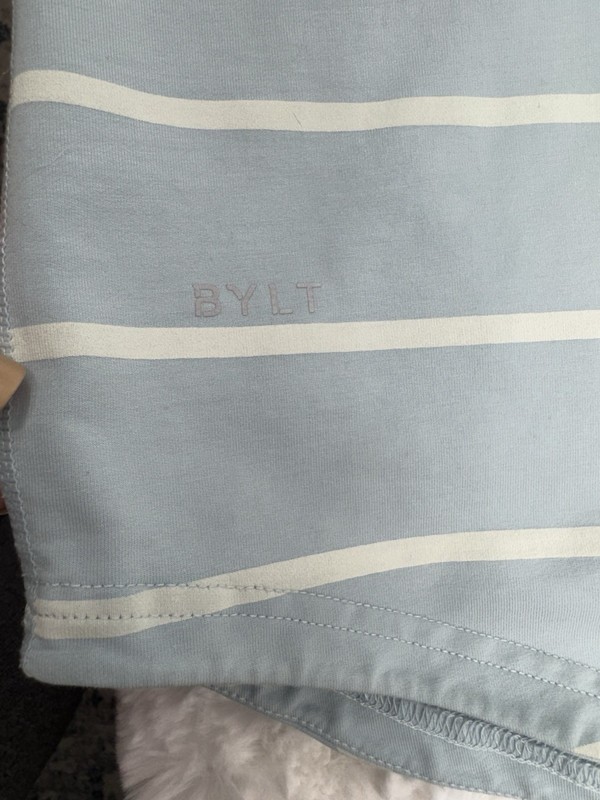BYLT Drop Cut Short Sleeve Lux Shirt Blue Striped Curved Hem Casual Mens Large gallery