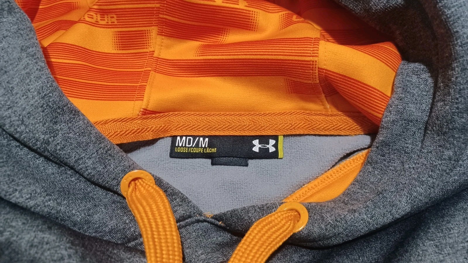 Men's Under Armour Medium Storm Hoodie Loose Fit Orange and Gray Pullover gallery