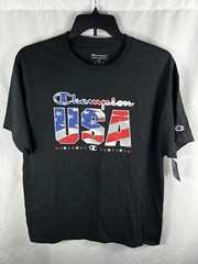 Champion Logo Shirt Black Gym Training Casual Streetwear Red White Blue USA XL