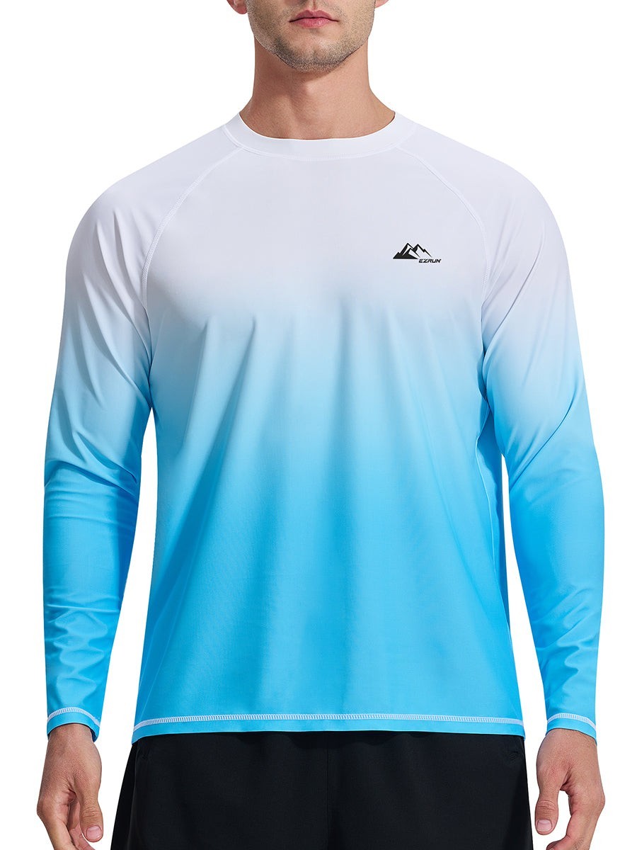 EZRUN Men's UPF 50+ Quick Dry Long Sleeve Gradient Rash Guard 2XL White/Blue gallery