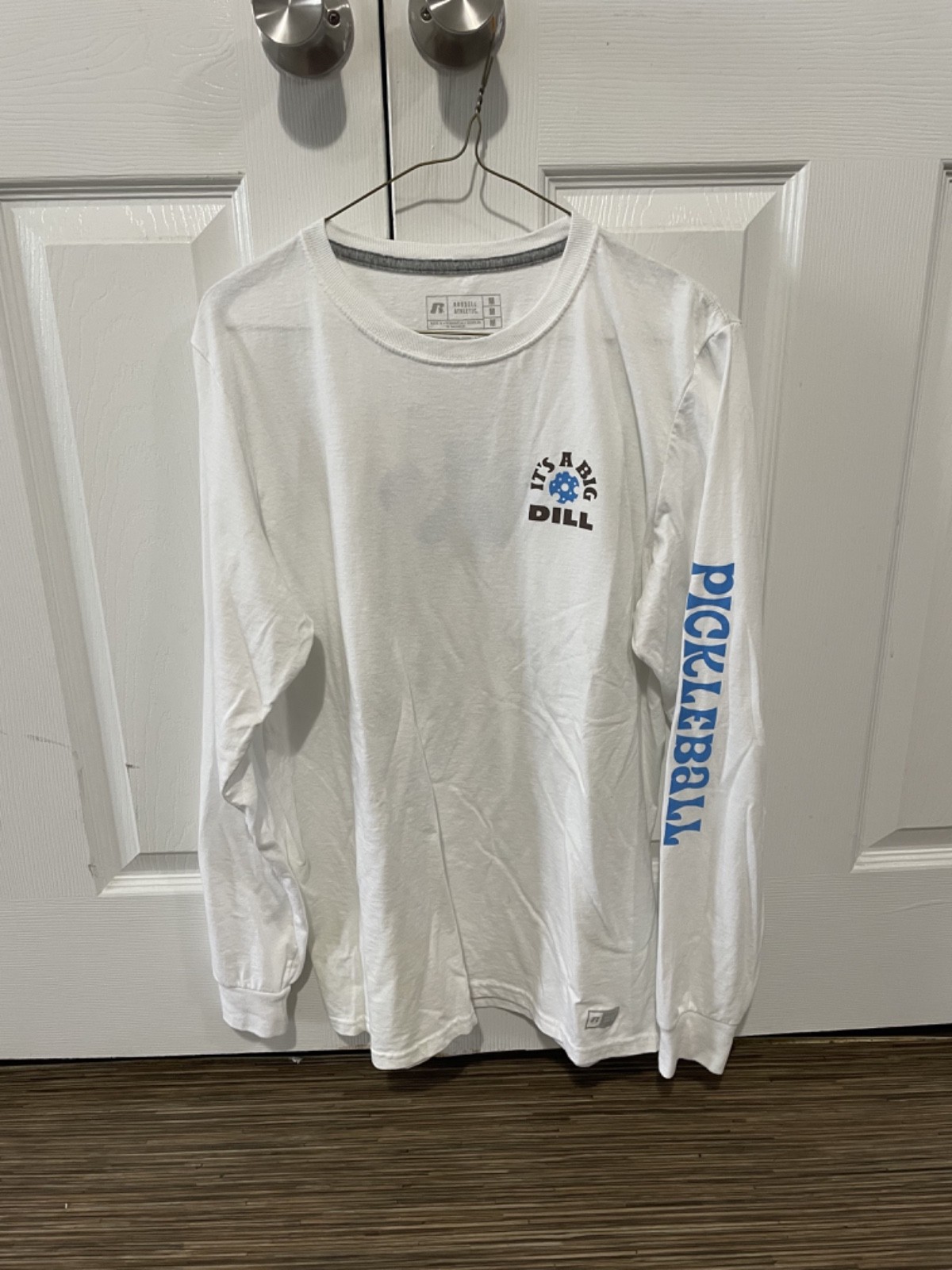 Russell Athletic Men's Medium Pickleball Shirt Longsleeve White/Blue gallery