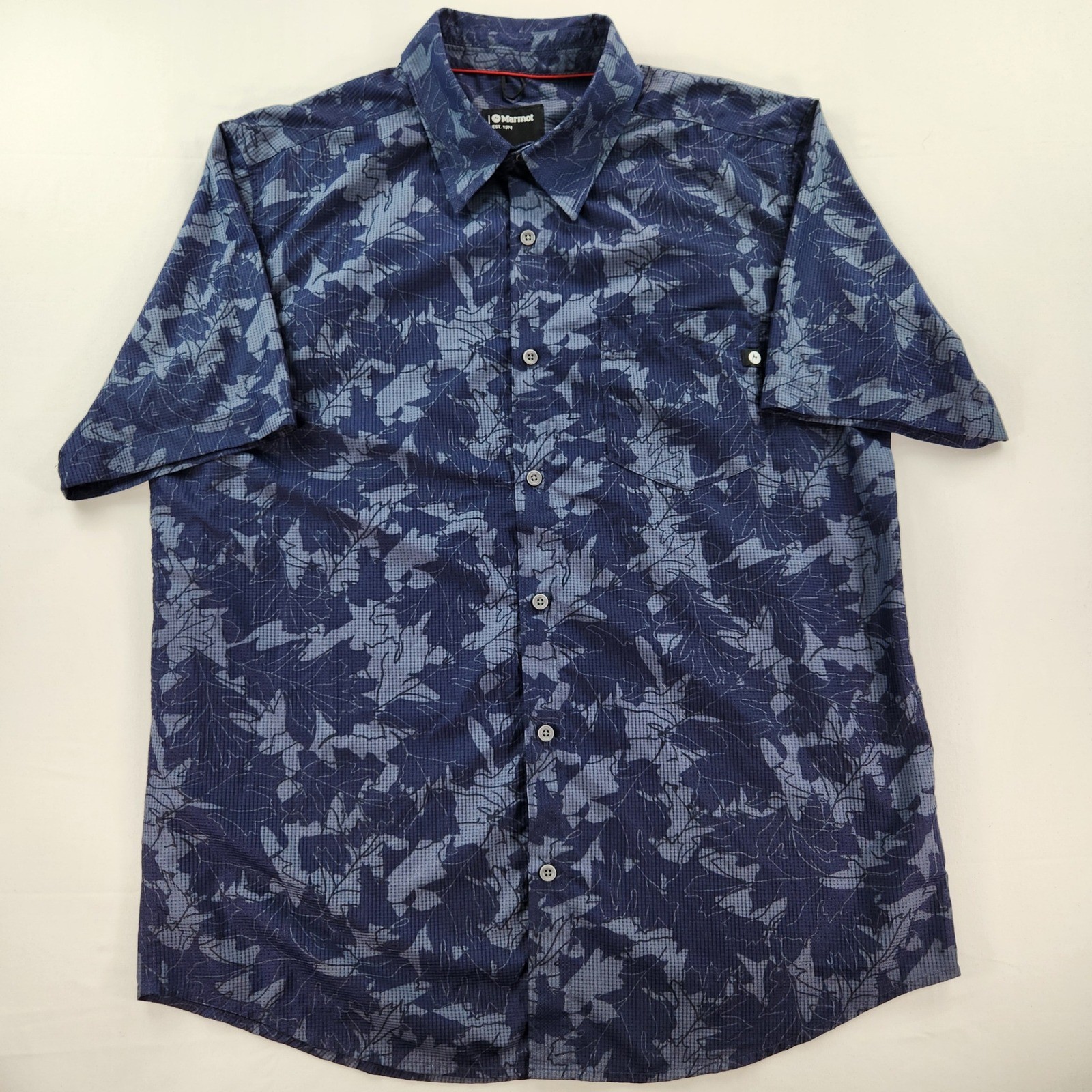Marmot Large Technical Hiking Shirt Navy Leaf Print UPF Performance Button gallery
