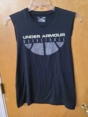 UNDER ARMOUR Heat Gear Loose Fit Basketball Shirt, Black, Cut Off Sleeves, Med