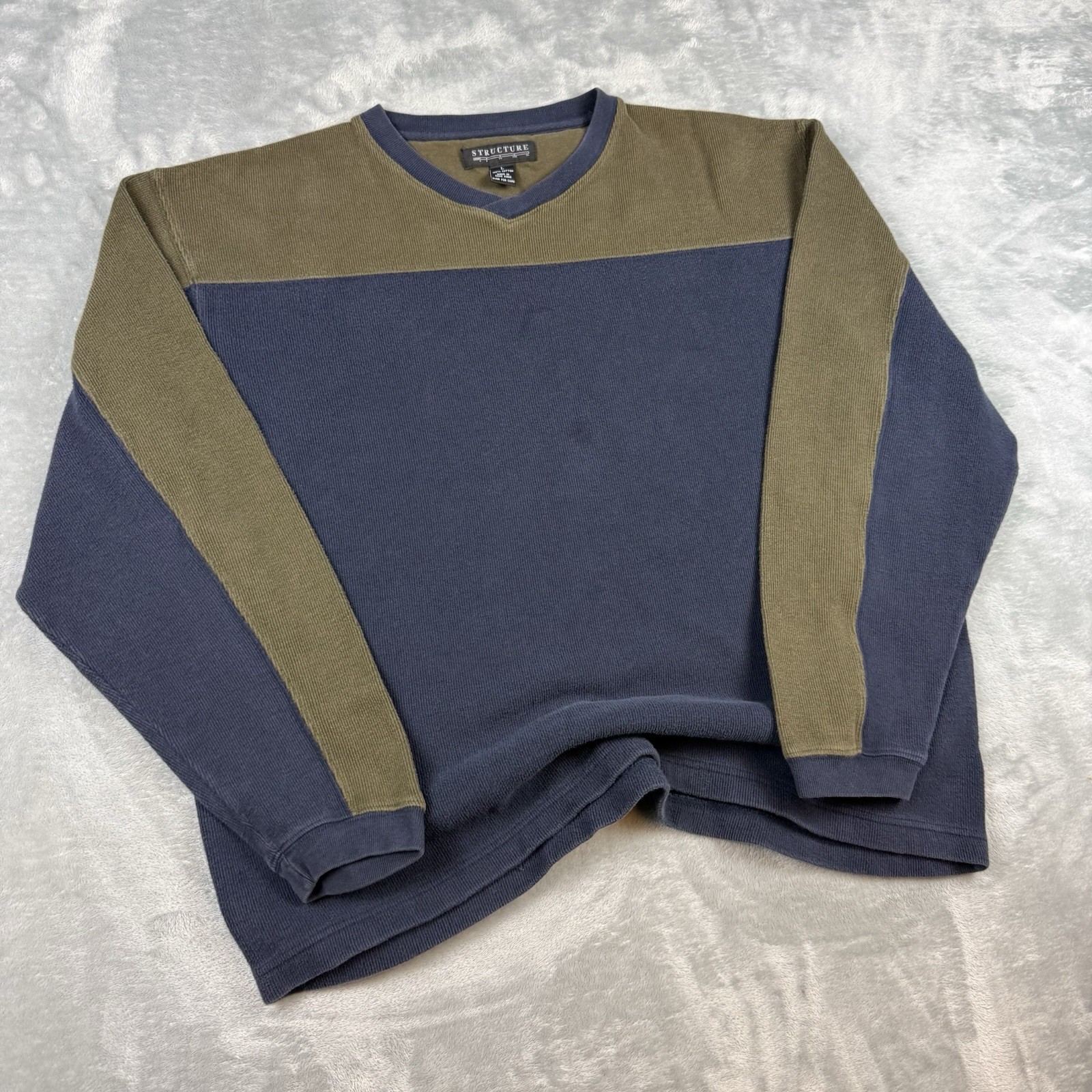 Vintage 90s Structure Colorblock Thermal Knit Sweater Blue Grunge Skater Large gallery