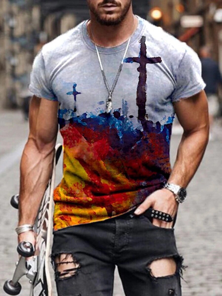 ⭐T Shirt Men Short Sleeve Cross Graphic Print Fashion Fitness Activewear T-Shirt gallery