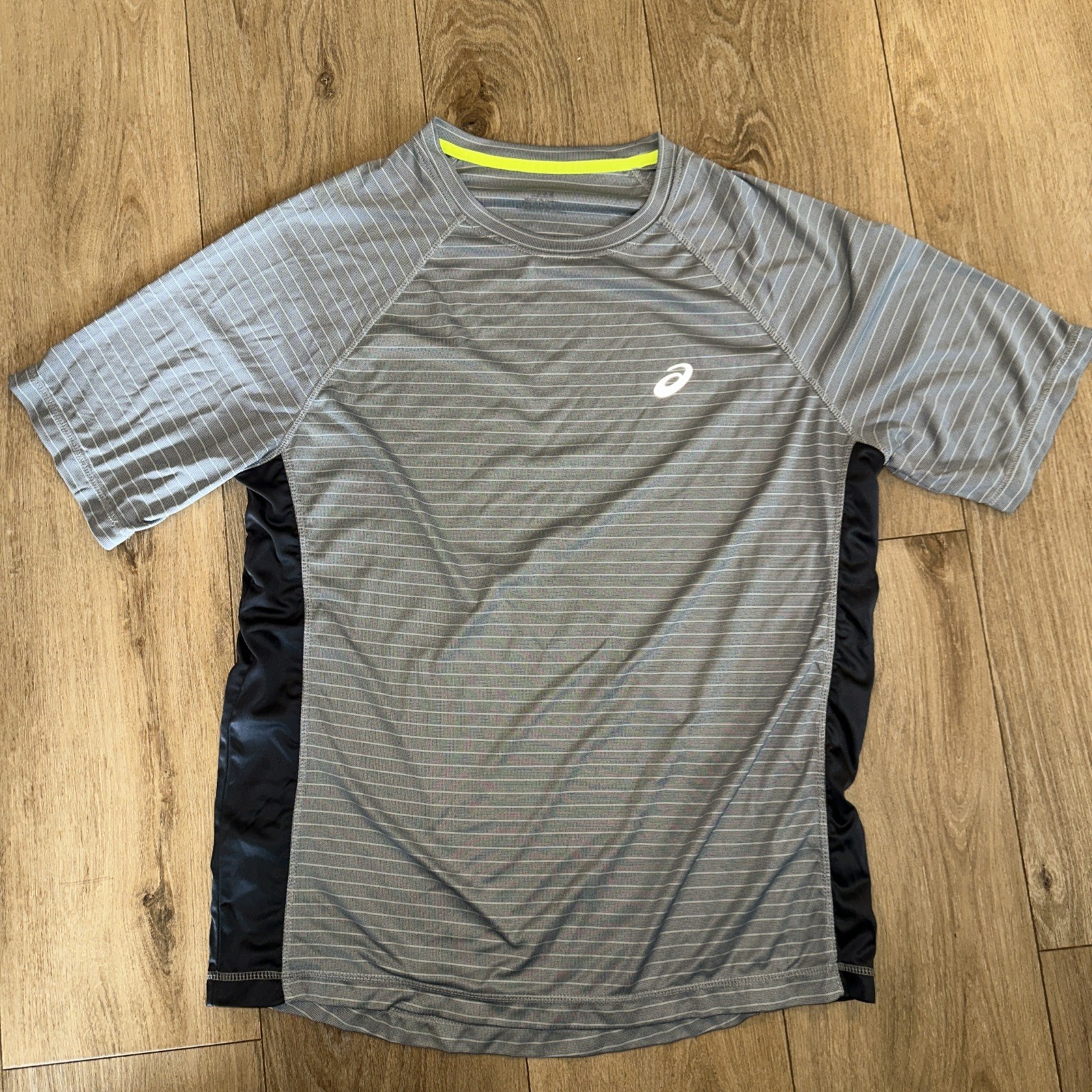 ASICS Men’s Performance Running Shirt Large S/S Grey Stripe Logo Gym gallery