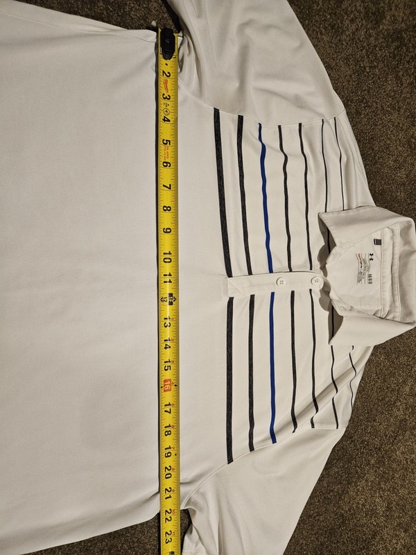 Under Armour Gray White Blue Striped Heat Gear Golf Polo Button Shirt Mens Large gallery