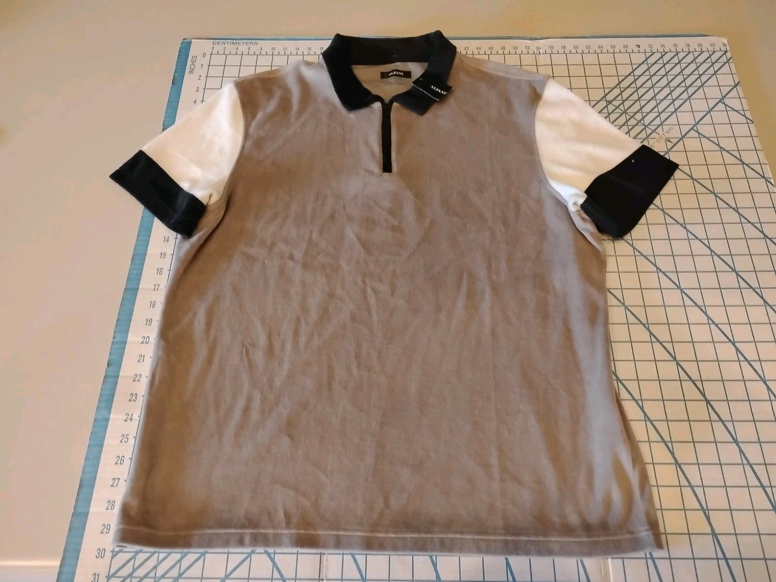 MENS XLARGE BLACK/KHAKI /CREAM SLIM ZIP COLLAR VELVET POLO SHIRT - NWT gallery