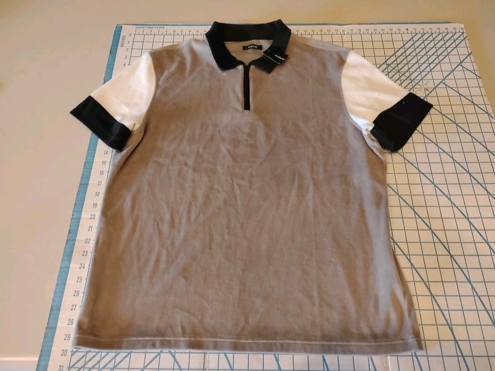 MENS XLARGE BLACK/KHAKI /CREAM SLIM ZIP COLLAR VELVET POLO SHIRT - NWT