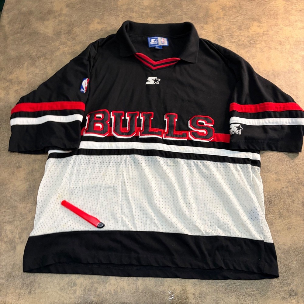 Starter Chicago Bulls Shirt Mens Large Black Red White Vintage Mesh Polo 90s