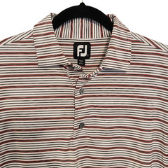 Footjoy Golf Polo, Gray, white & red striped. Embroidered crest on one sleeve
