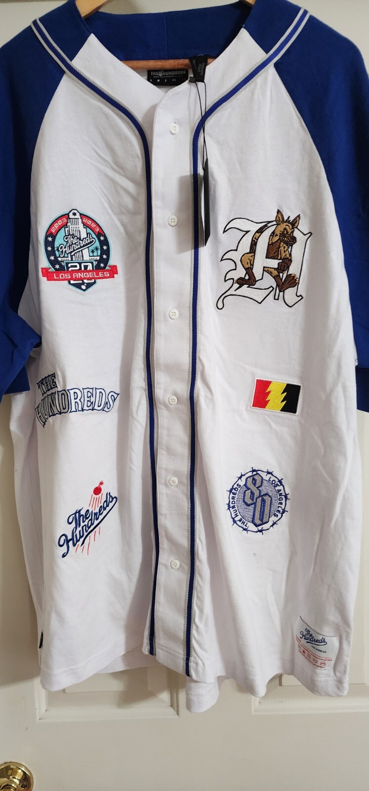 The Hundreds Los Angeles Men's 2X Baseball Jersey White Blue Embroidered Patches gallery