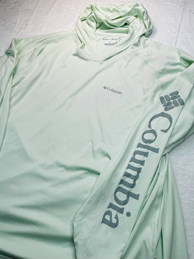 Columbia Omni-Shade Shirt Men's XXL Lite Green Long Sleeve Hooded Fishing UPF