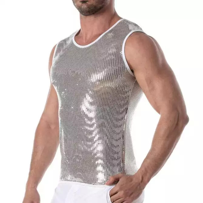 TOF PARIS Glitter Form-Fitting Tank Top Fashion Sequin Silver 15 gallery
