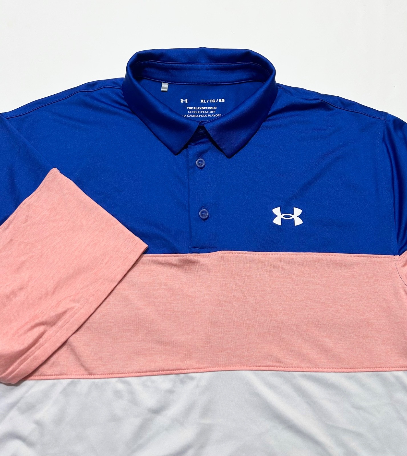 Under Armour UA Playoff Colorblock Golf Polo Shirt Royal Blue Pink White XL gallery