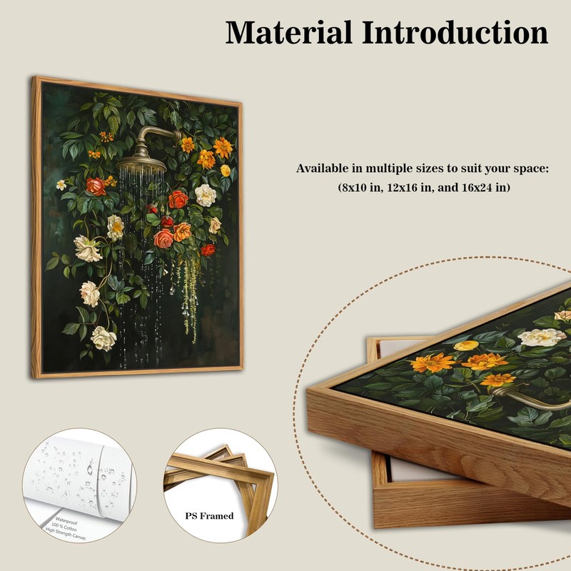Floating Framed Floral Shower Wall Art, Vintage Botanical Flower Canvas Print, R gallery