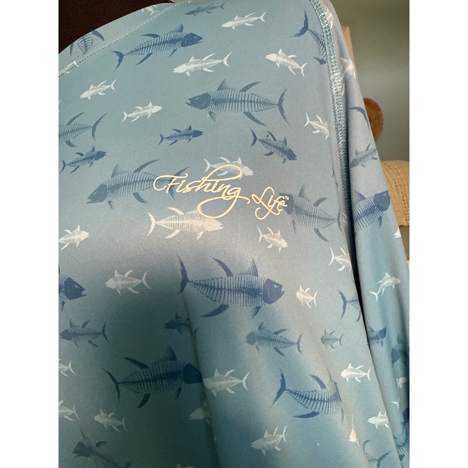 Fishing Life Mens 2XL Blue Fish Bone Print UPF 50+ Lg Sleeve Performance Shirt gallery