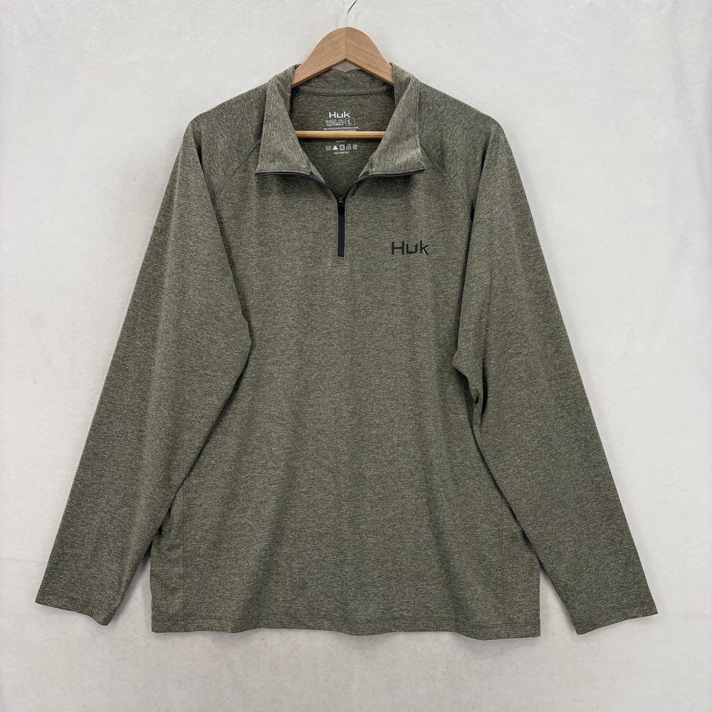 Huk Fishing Pullover Mens Large Green Long Sleeve 1/4 Zip Performance Top Casual