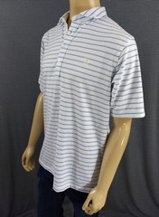 FAIRWAY & GREENE Tech Golf Polo Mens L White Light Blue Stripes SS Cotton