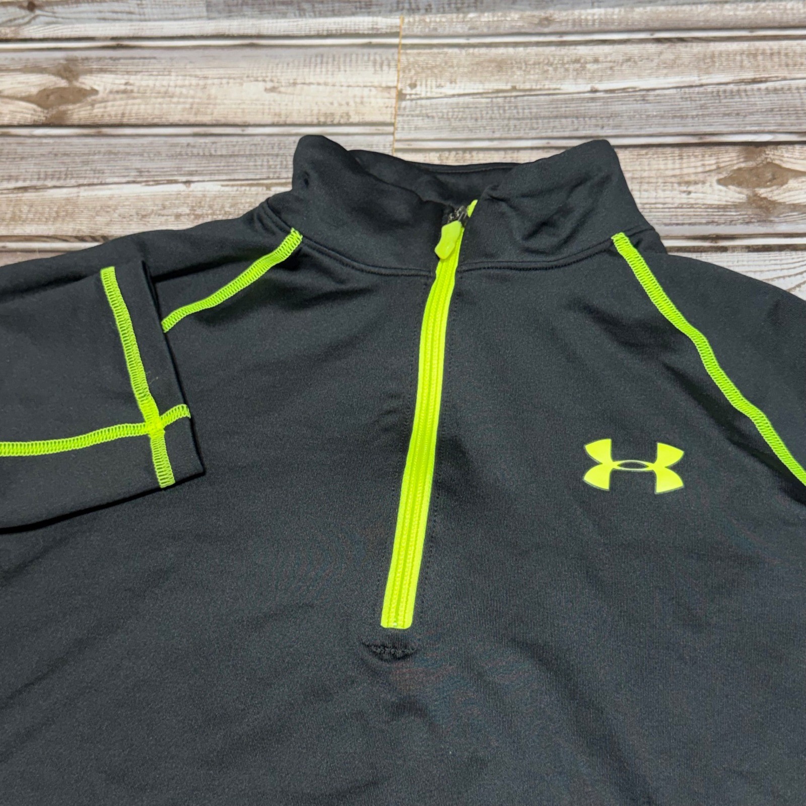 Under Armour 1/4 Zip Pullover Mens Medium Black ColdGear Neon Green Trim gallery