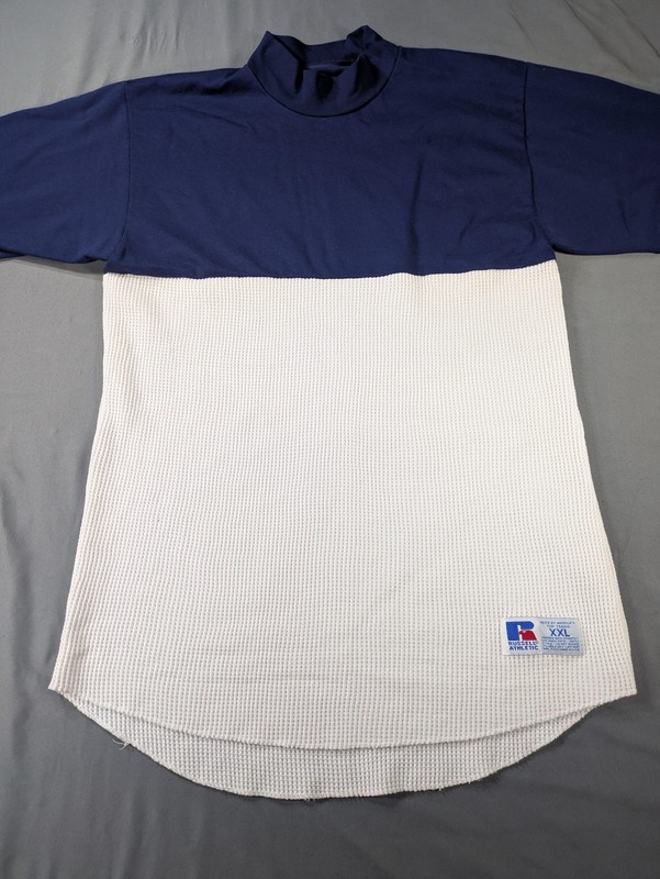 Vintage Russell Athletic Shirt Mens 2XL White Blue Thermal Mock Neck Made USA LS gallery