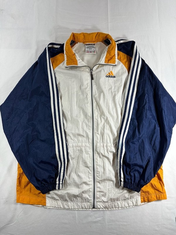 Vintage 90s Adidas Colorblock Full Zip Windbreaker Jacket White Navy Gold XL gallery