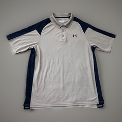 UNDER ARMOUR Heat Gear Loose Fit Mens XL Polo Shirt Khaki Tan Black Colorblock