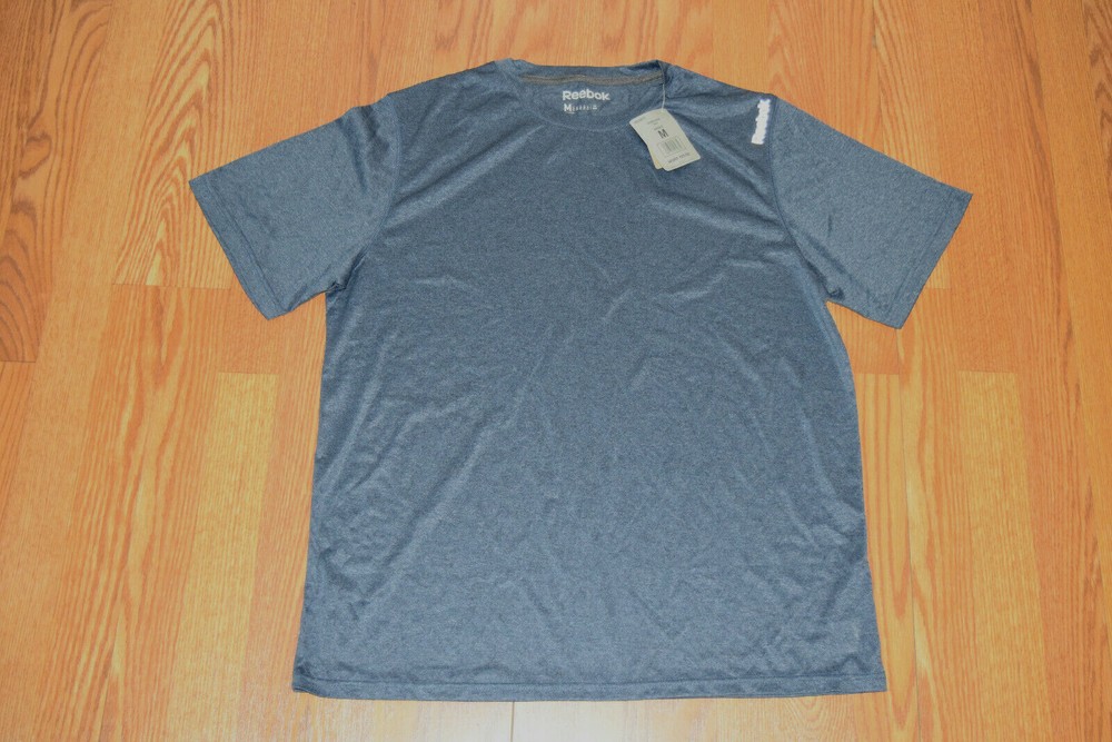 NWT Mens REEBOK Heathered Navy Blue Play Dry Short Sleeve Athletic Shirt M
