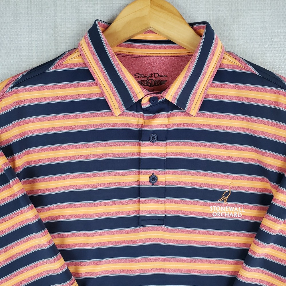 STRAIGHT DOWN Size Large Blue/Orange Striped Mens Golf Polo Shirt Performance