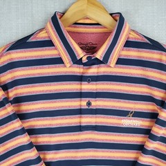 STRAIGHT DOWN Size Large Blue/Orange Striped Mens Golf Polo Shirt Performance