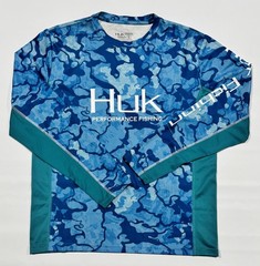 Huk Performance Fishing Long Sleeve Crew Neck Shirt Stretch Mens Small Blue Camo