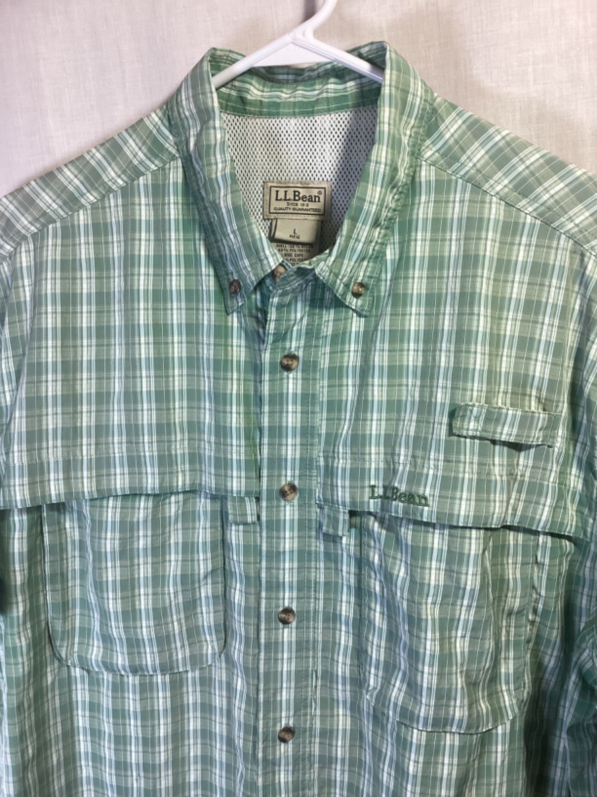 L.L.Bean Green Plaid Large Short Sleeve Nylon Blend Activewear Vented FishingB14 gallery