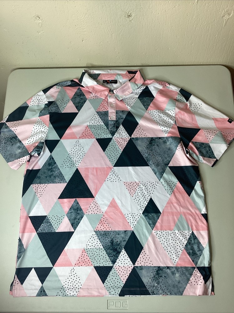 Yatta Golf Polo Shirt Birdie Dropper Polo Pink Black White Triangles Stretch XXL