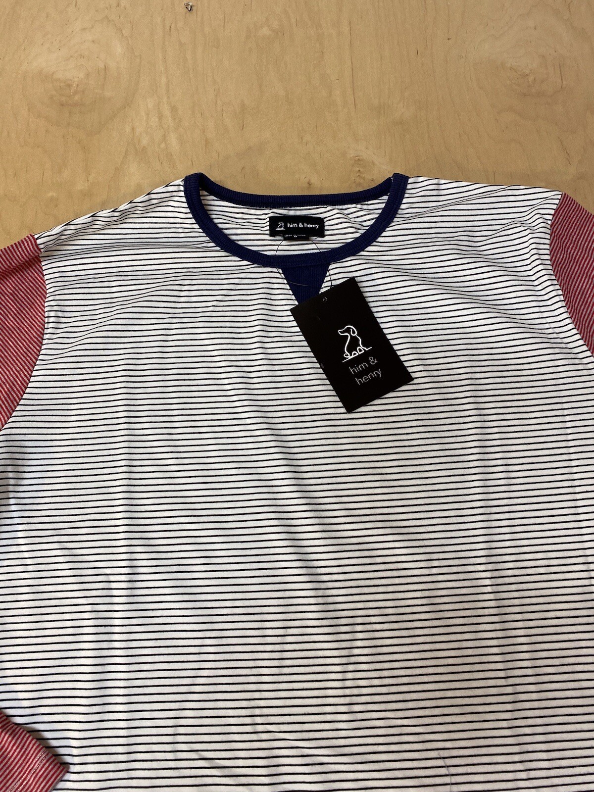 Me & Henry Mens Him & Henry Med LS Navy Blue & White Stripe Pullover Red Sleeves gallery