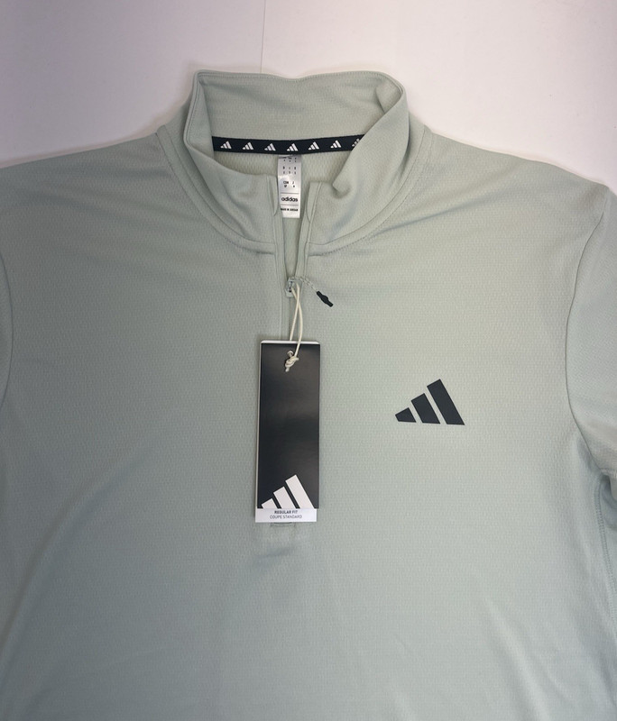 New ADIDAS Men's Small Aero Ready TR-ES 1/4 Zip Shirt Linen Green w/Black Logo gallery