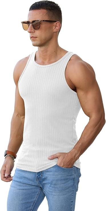 2-Pack Men's Ribbed Tank Top Sleeveless Muscle Shirts Gym White & Black Medium gallery