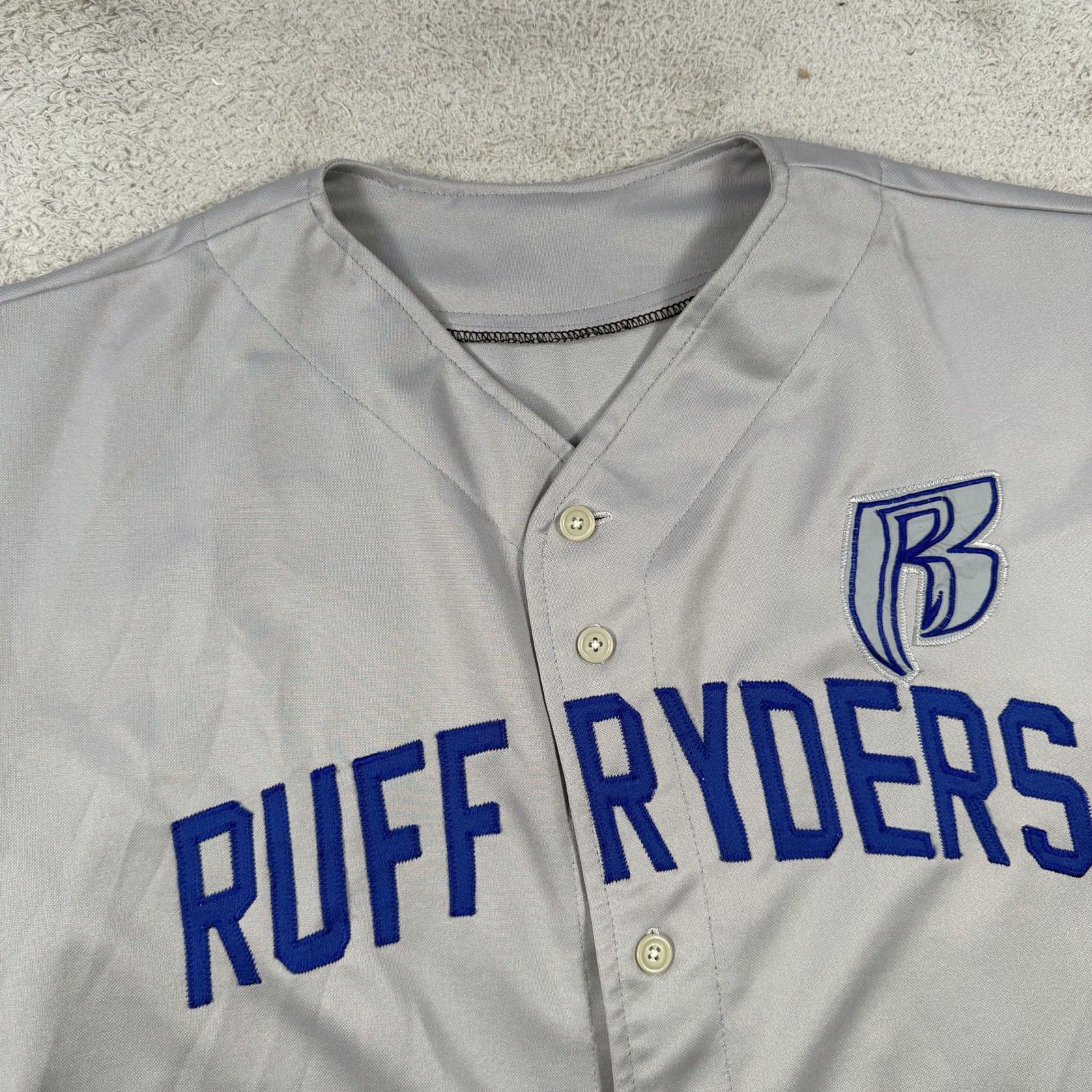 Vintage Ruff Ryders Jersey Mens XL Grey Baseball DMX Button Embroidered Hip Hop gallery