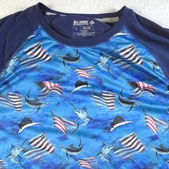 Reel Legends Shirt American Flag Performance Freeline Mens Large Marlin Blue AOP
