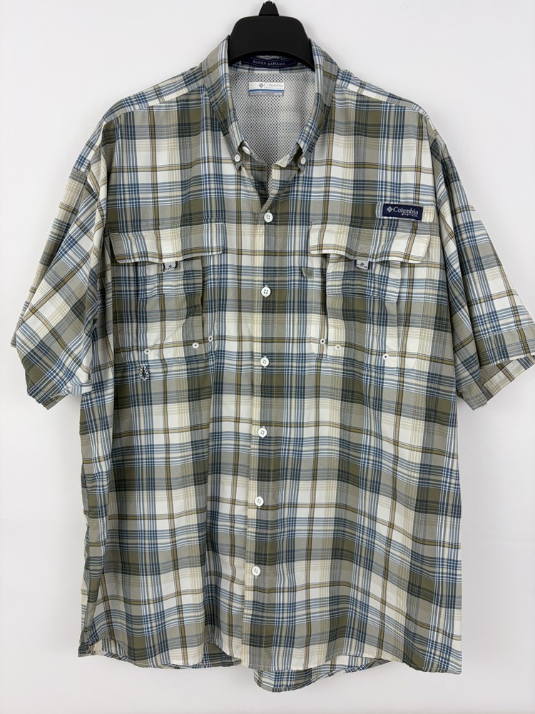 Columbia PFG Super Bahama Shirt Mens XL Green Plaid Short Sleeve Fishing Vented