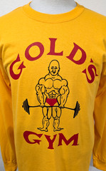 GOLD’S GYM Men’s Logo T-Shirt Bodybuilding Weightlifting Gold/Red USA Size L *